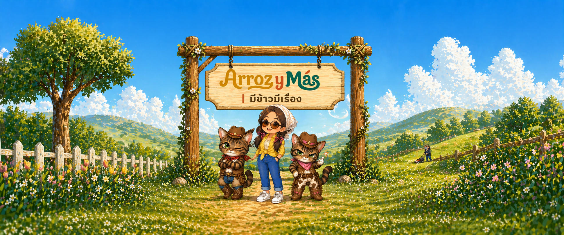 Arroz y Más cowboy cats sign