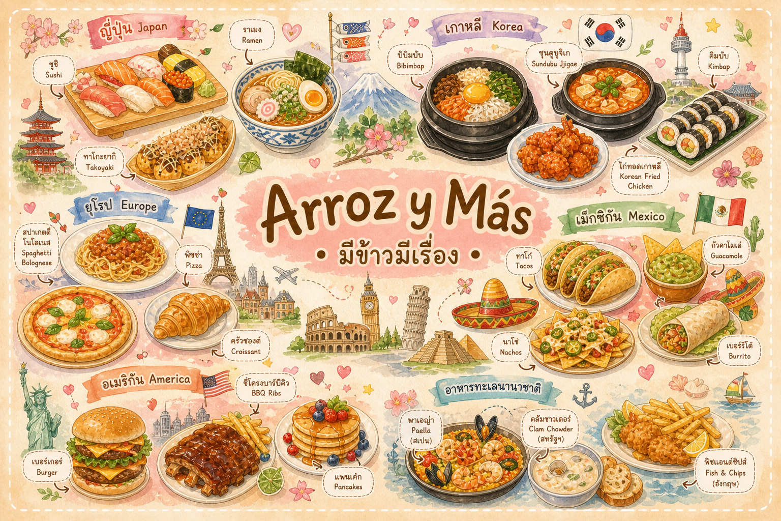 International dishes — Japan, Korea, Europe, Mexico, America